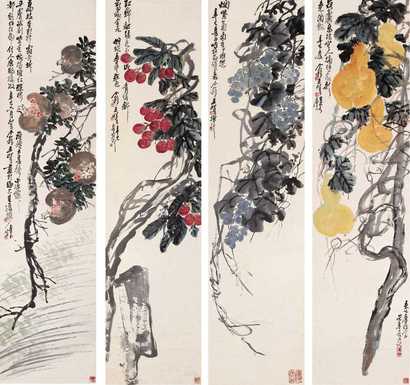 王个簃 1941年作 花果 四屏